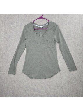 Essentials By Poof Womens Long-Sleeve Speckled Gray Top Scoop Neck Lightweight M